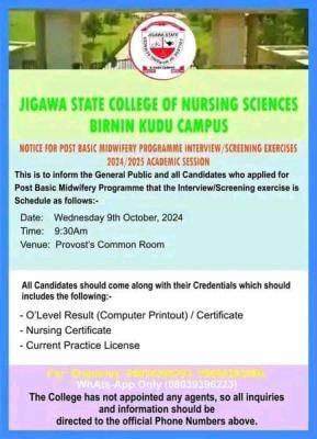 Jigawa College of Nursing Sciences notice of Post Basic Midwifery screening/interview, 2024/2025