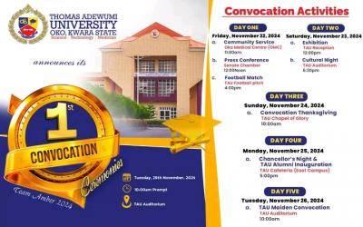 THOMAS ADEWUMI UNIVERSITY ANNOUNCES 1ST CONVOCATION CEREMONY