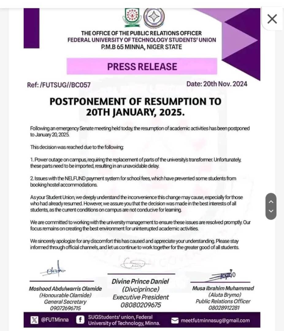 FUTMINNA POSTPONES RESUMPTION OF 2024/2025 ACADEMIC SESSION